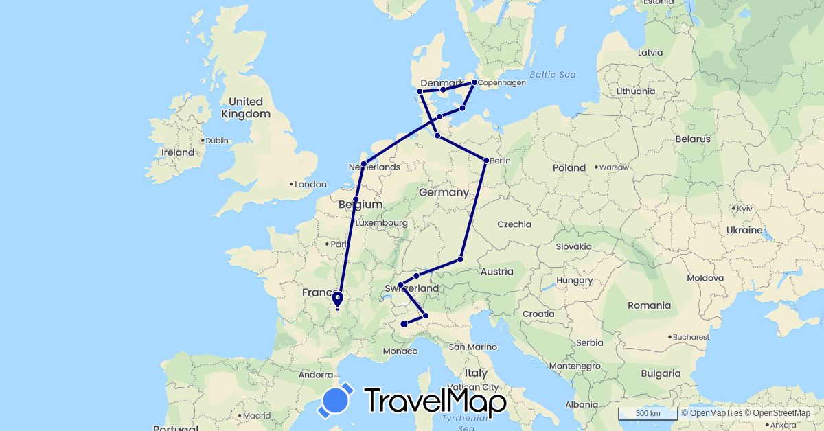 TravelMap itinerary: driving in Belgium, Switzerland, Germany, Denmark, France, Italy, Netherlands (Europe)
